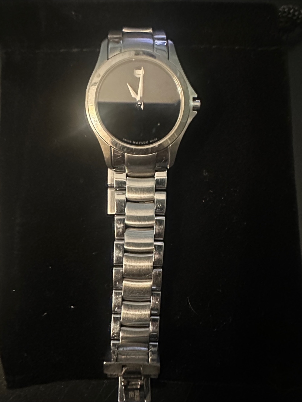 Movado Silver Case Black Dial Bracelet Watch